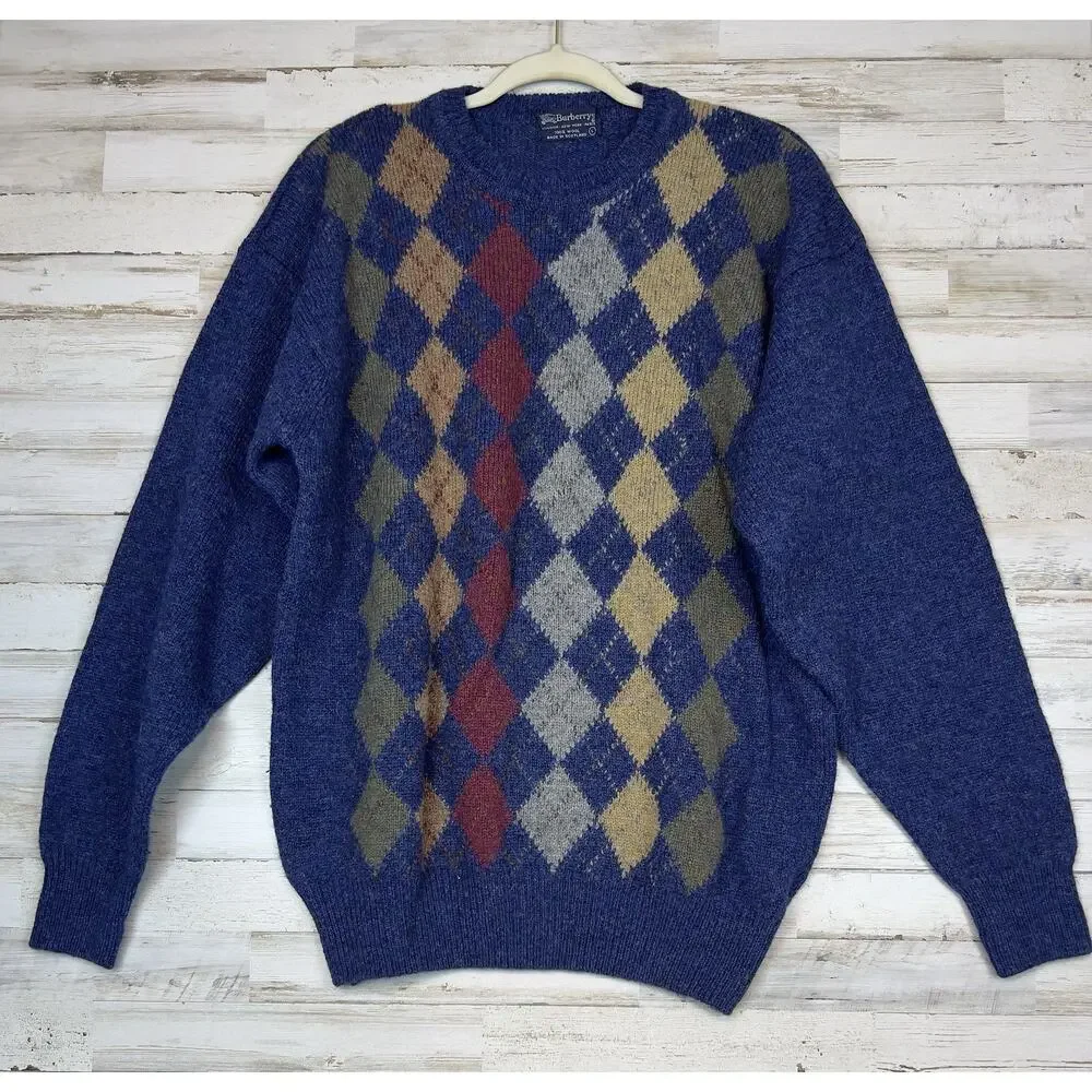 VINTAGE Burberrys Men’s L Blue Argyle 100% Wool Sweater Made Scotland 80s Preppy